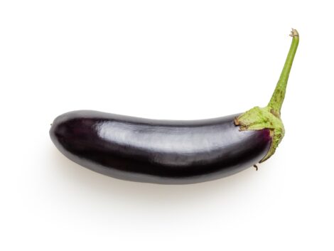 A single shiny, purple eggplant with stem on a white background.