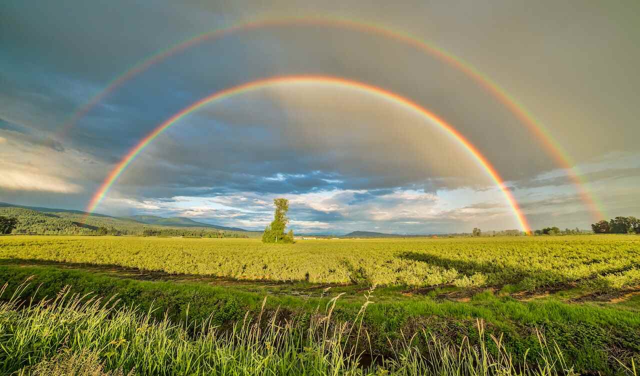 A double rainbow in a cloudy sky over a fertile field.