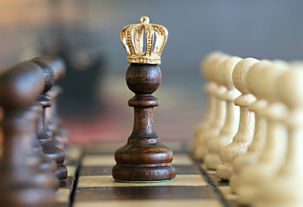 Chess piece wearing a golden crown, surrounded by other pieces on a chess board.
File nm: chess-piece-golden-crown
